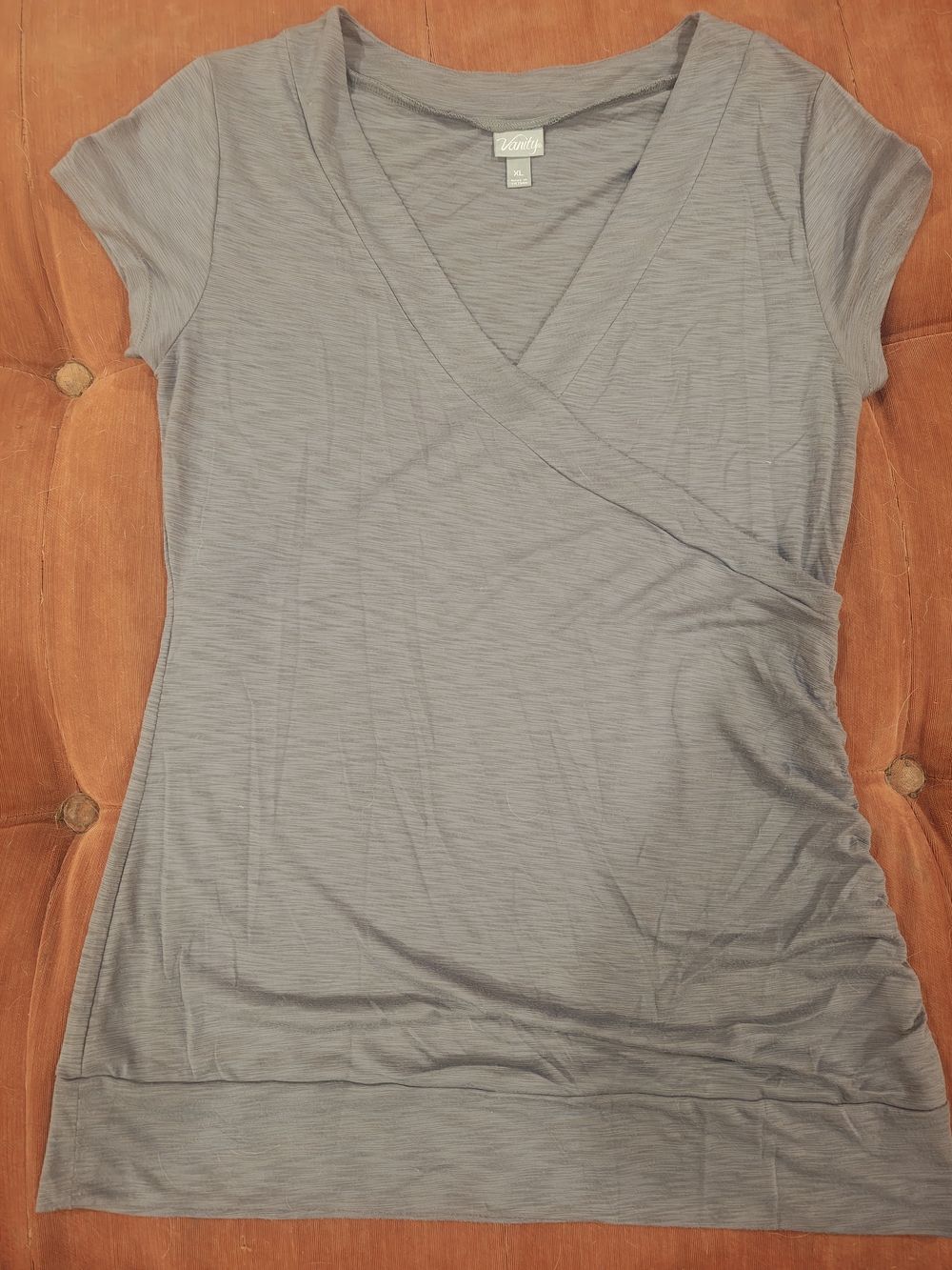 Vanity XL Gray Faux-Wrap Crossover V-Neck Short-Sleeve Top